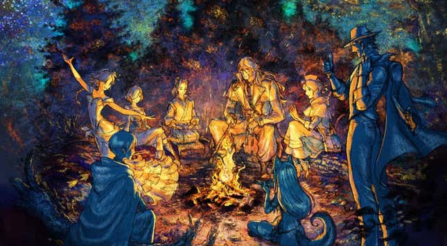 Official art for Octopath Traveler II shows the party members gathered around a fire.