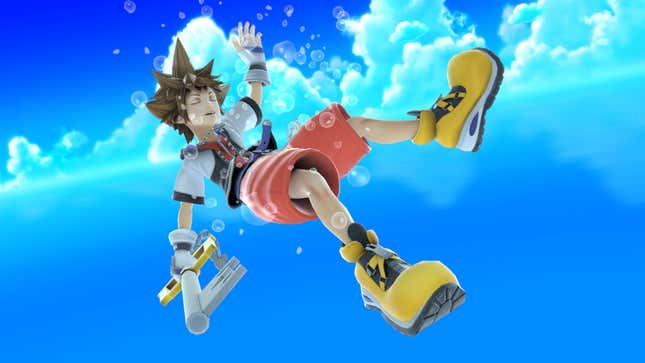 Sora is falling in a sky that has a bubble-like effect as if it's water.