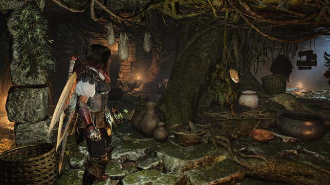 A hunter stares at a sleeping Wudwud wearing red glasses.