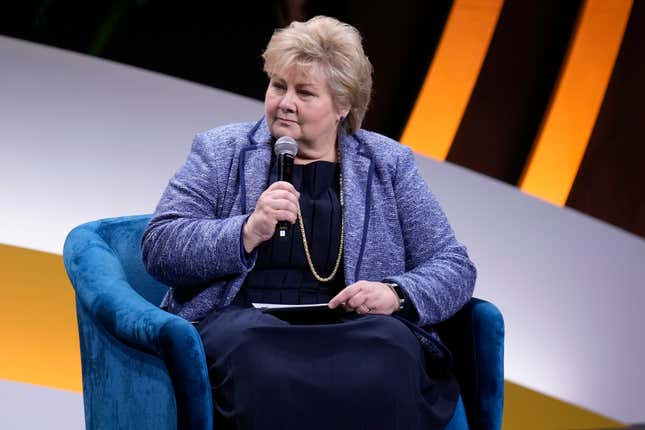 FILE - Former prime minister of Norway Erna Solberg participates in the Global Citizen NOW conference in New York, Friday, April 28, 2023. The Norwegian police’s economic crime said Friday, Nov. 3, 2023, it will not investigate the stock trading of the husband of Norway’s former center-right prime minister Erna Solberg during her two tenures in office. (AP Photo/Seth Wenig, File)