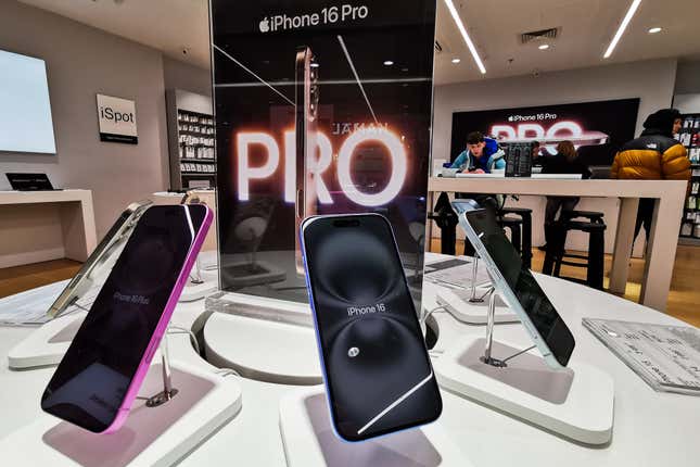 IPhones 16 are seen in a store in Krakow, Poland on February 7th, 2025. 