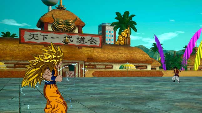 Comienza un combate entre el Super Saiyan 3 Goku y el Sr. Satán.