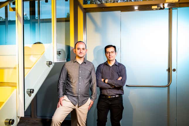 Portrait of Character.AIs cofounders, Noam Shazeer (CEO) and Daniel de Freitas Adiwardana (President) at the company's office in Palo Alto, CA.