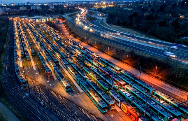 Subways are parked in a subway depot in Frankfurt, Germany, Friday, Feb. 2, 2024, as employees of public transport in Germany went on a one-day warning strike. (AP Photo/Michael Probst)