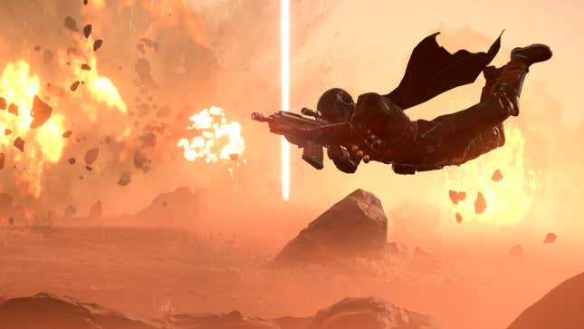 A screenshot of a Helldiver diving through the air while explosions go off and they're aiming an Eruptor