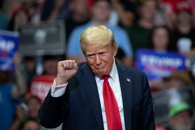 Republican Presidential nominee former President Donald J. Trump holds his first public campaign rally with his running mate, Vice Presidential nominee U.S. Senator J.D. Vance (R-OH) (not pictured), at the Van Andel Arena on July 20, 2024 in Grand Rapids, Michigan.