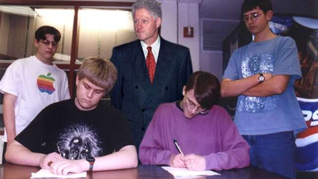 Above: As President Clinton looks on, dorkwad and gaywad leaders sign the landmark Wad Alliance Treaty.