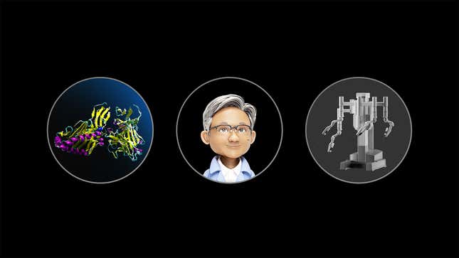 a graphic with three circles with different images from left to right: a digital drawing of genes, a digital drawing of Jensen Huang, and a digital drawing of a robot with many arms