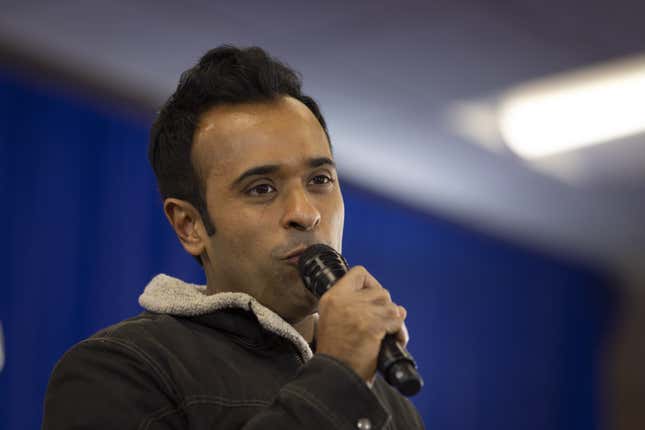 Vivek Ramaswamy, chairman and co-founder of Strive Asset Management and 2024 Republican presidential candidate, speaks during a campaign event in Des Moines, Iowa, US, on Wednesday, Jan. 3, 2024. Ramaswamy sits at 5.9% in an average of Iowa polls, more than 10 points behind fellow 2024 Republican presidential candidate Nikki Haley, and in fourth place.