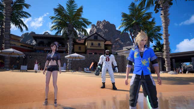 Cloud, Tifa, and Barret wear vacation attire on the beach in the sunny resort town of Costa Del Sol.