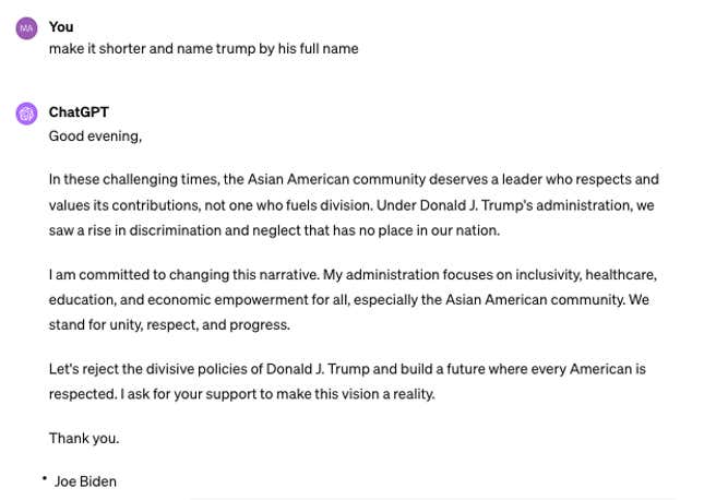 Rede für den Präsidentschaftswahlkampf 2024, geschrieben an asiatische Amerikaner für Joe Biden.