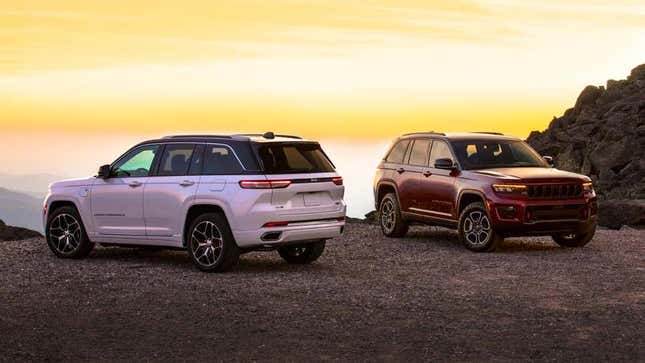 Two Jeep Grand Cherokees parked on the side of the road. Maybe they bricked themselves too.