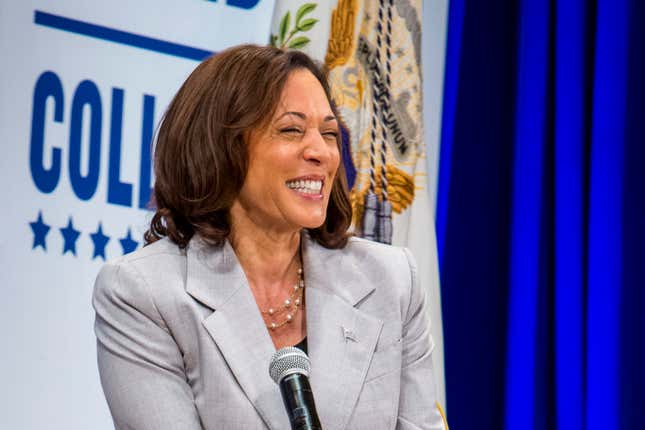 Vice President Kamala Harris laughs as she speaks at Hampton University on Thursday, Sept. 14, 2023, in Hampton, Va. (AP Photo/John C. Clark)