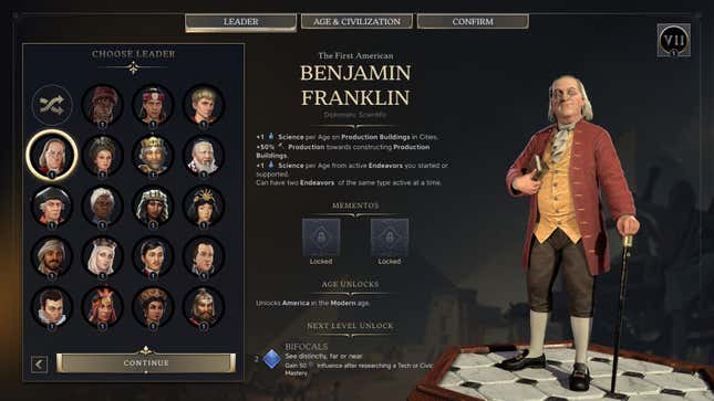 The leader selection screen for Benjamin Franklin in Civilization VII.