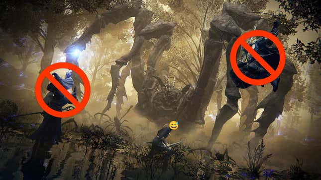 Three characters rush toward a massive spider, but two of them have cancel signs on them while the last character has a nervous-signifying emoji over their head.