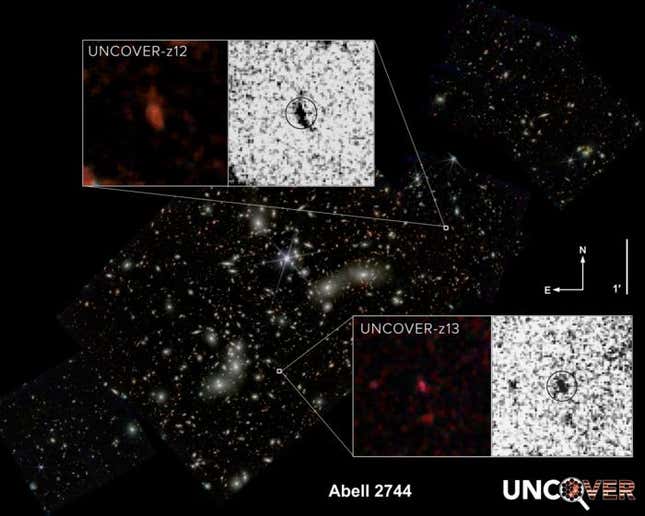 İki antik galaksinin Webb tarafından görülen görüntüleri.