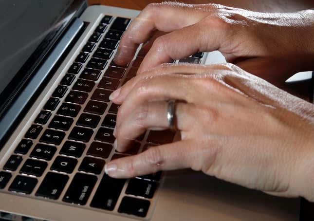 FILE - A person types on a laptop keyboard, Monday, June 19, 2017, in North Andover, Mass. The leader of struggling telemedicine provider Teladoc Health has left, effective immediately, the company announced Friday, April 5, 2024. Teladoc gave no reason for the departure of CEO Jason Gorevic. (AP Photo/Elise Amendola, File)