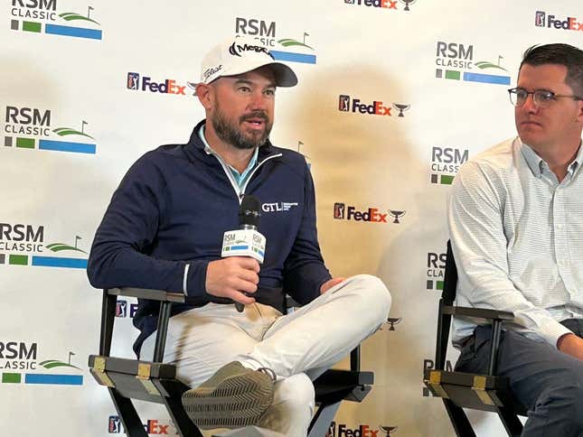 British Open champion Brian Harman (left) ponders a question during a news conference on Tuesday at the Sea Island Club on St. Simons Island, Ga., the site of this week&#39;s RSM Classic.