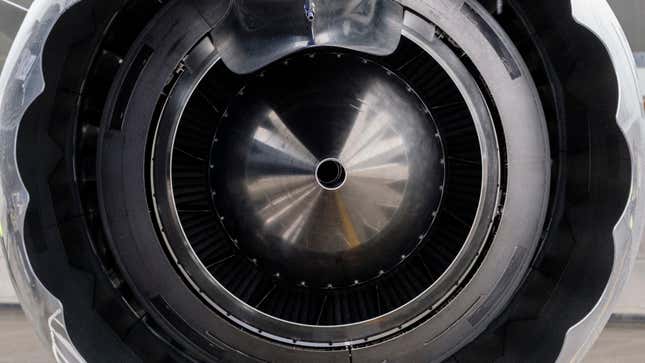 A close-up of the engine on a Boeing 737 Max 7 plane.