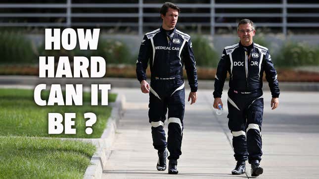 The F1 medical car driver and doctor at a race 