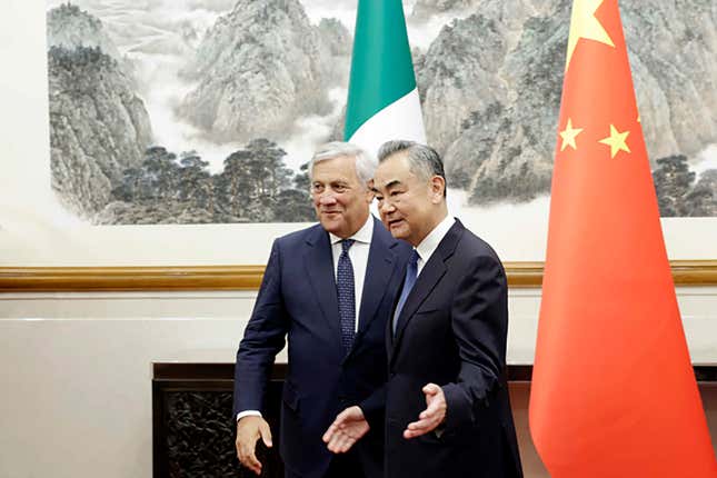 In this photo released by Ministry of Foreign Affairs of the People&#39;s Republic of China, China&#39;s Foreign Minister Wang Yi, right, meets with Italian Deputy Premier and Foreign Minister Antonio Tajani in Beijing Tuesday, Sept. 4, 2023. China&#39;s foreign minister is seeking to sell his Italian counterpart on the benefits of leader Xi Jinping&#39;s signature &quot;Belt and Road&quot; initiative of Chinese-built and -funded infrastructure projects, as Rome considers whether to renew the agreement. (Ministry of Foreign Affairs of the People&#39;s Republic of China via AP)