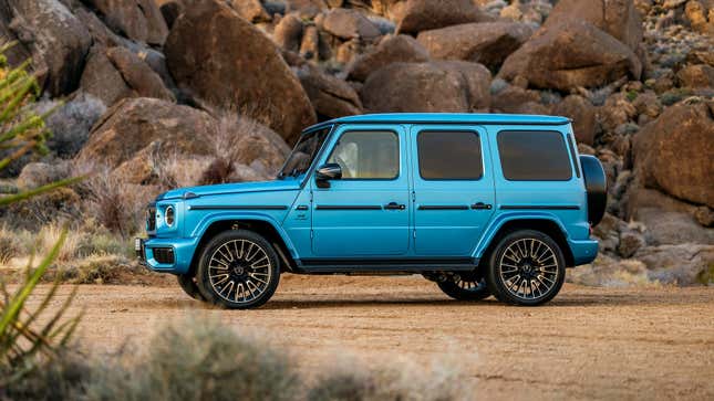 Side view of a Hyper Blue Magno 2025 Mercedes-AMG G63