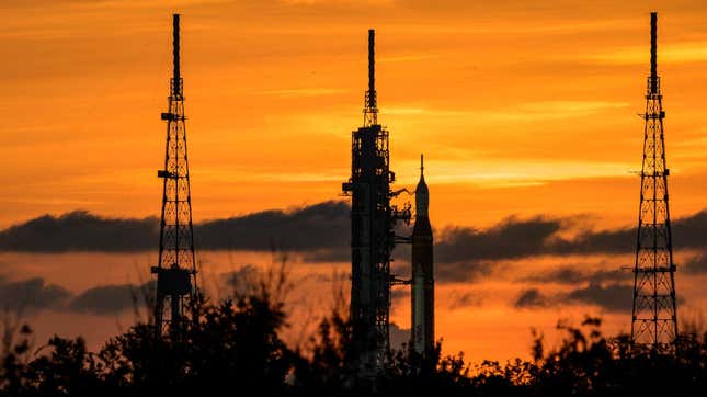 NASA’s Space Launch System (SLS) rocket and Orion spacecraft on the mobile launcher at Launch Pad 39B, as seen on Wednesday, Aug. 31, 2022, at the Kennedy Space Center in Florida.