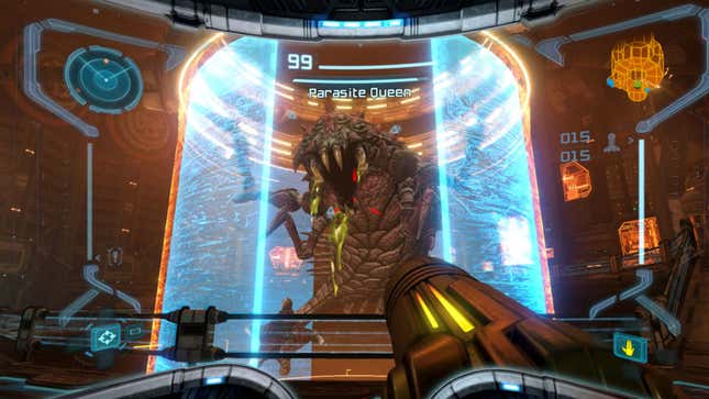 Samus fights the Parasite Queen.