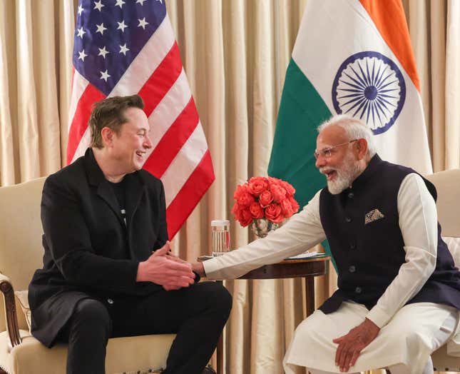 Tesla and SpaceX CEO Elon Musk with Indian Prime Minister Narendra Modi at the White House in February 2025. 