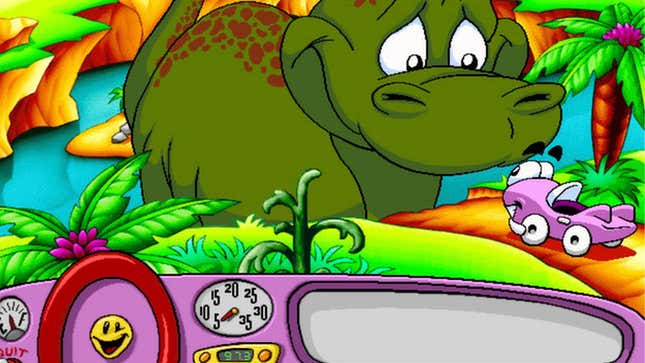 Putt Putt, a purple talking car, has a conversation with a big dinosaur. 