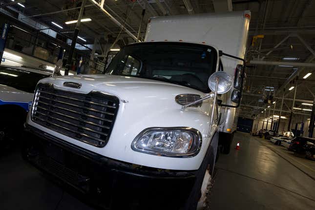 A truck used to transport stolen gold is displayed at a press conference regarding Project 24K a joint investigation into the theft of gold from Pearson International Airport, in Brampton, Ontario, on Wednesday, April 17, 2024. (Arlyn McAdorey/The Canadian Press via AP)