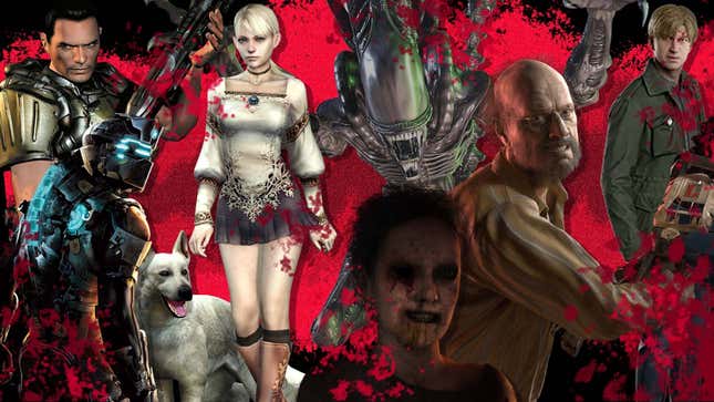 Characters from games including Dead Space, Haunting Ground, Alien: Isolation, Resident Evil 7, and Silent Hill 2 are seen against a bloody red background.