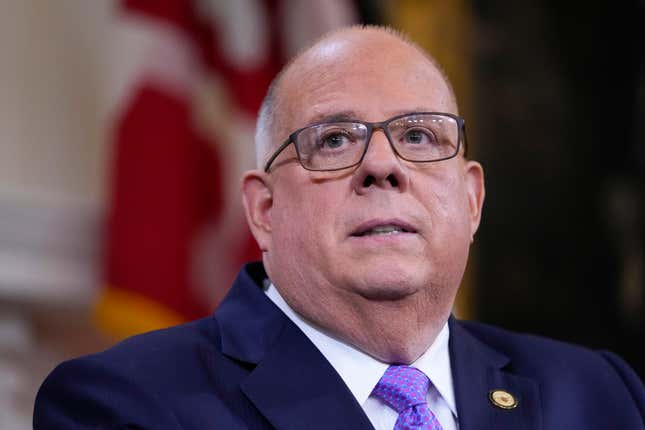 FILE - Maryland Gov. Larry Hogan addresses supporters at the Maryland statehouse, Jan. 10, 2023, in Annapolis, Md. A push in Maryland&#39;s legislature for hundreds of millions of dollars in taxes and fees has some Democrats concerned that the package may bolster Republican former Gov. Larry Hogan’s campaign for U.S. Senate and cost the party its already-narrow majority. (AP Photo/Julio Cortez, File)