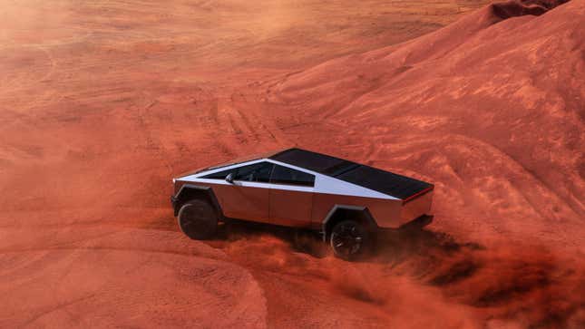 A render of a Tesla Cybertruck driving on dirt. 