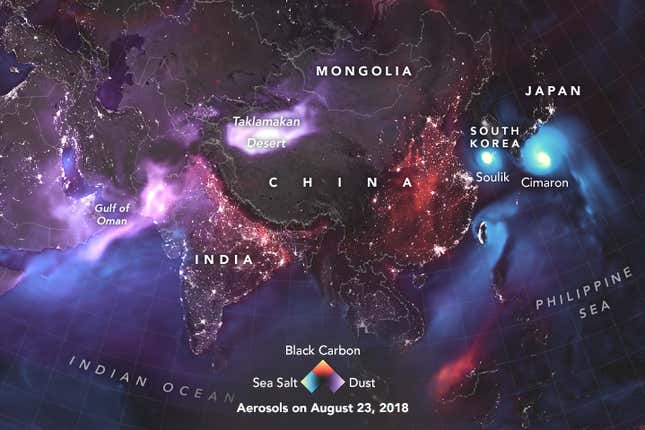 Dust lifted off of deserts in Africa and Asia, and salt spray swirled inside of tropical cyclones approaching South Korea and Japan.