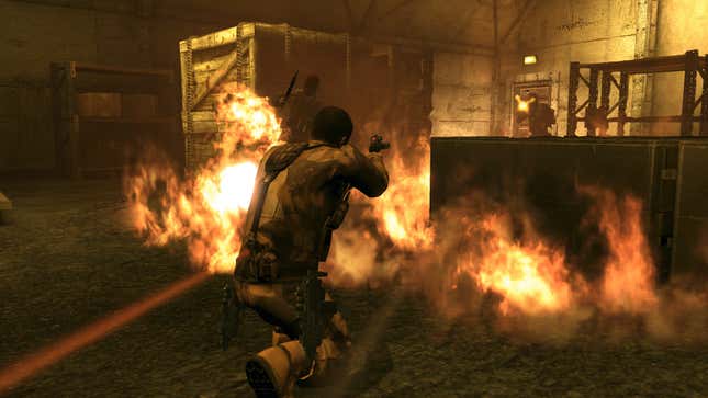 The protagonist of Alpha Protocol takes aim at a soldier firing at him while a warehouse catches fire.