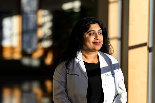 Dr. Padma Gulur, a Duke University pain specialist, stands for a portrait on Friday, Oct. 27, 2023, in Durham, N.C. Prescriptions for ketamine have soared in recent years as doctors adopt the mind-altering drug as an alternative pain treatment. Gulur and other specialists see potential for ketamine as a pain therapy, but warn it also carries risks of safety and abuse. (AP Photo/Matt Kelley)