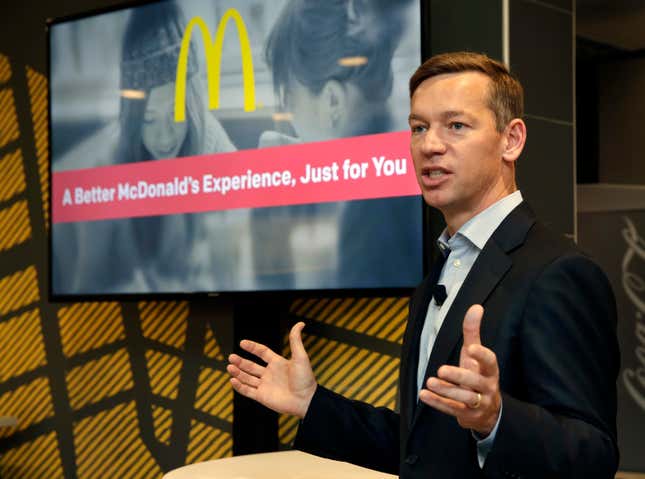 FILE - Chris Kempczinski, then-incoming president of McDonald&#39;s USA, speaks during a presentation at a McDonald&#39;s restaurant in New York on Nov. 17, 2016. Kempczinski will become chairman of the company&#39;s board later this spring, the company said Tuesday. (AP Photo/Richard Drew, File)