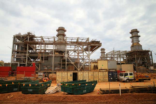 A Chevron LNG processing plant is under construction on Barrow Island, Western Australia, April 11, 2016. A Chevron Corp. liquefied natural gas plant in Australia had resumed full production after a fault cut output by one-fifth for three days amid strike action, the U.S. energy giant said on Monday, Sept. 18, 2023. (Ray Strange/AAP Image via AP)