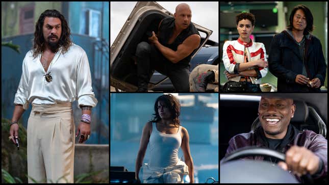 Clockwise from left: Jason Momoa as Dante Reyes, Vin Diesel as Dominick Toretto, Nathalie Emmanuel as Ramsey and Sun Kang as Han, Tyrese Gibson as Roman Pearce, and Michelle Rodriguez as Letty. (Images courtesy of Universal Pictures)