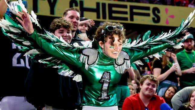 A photo shows an Eagles fan. 