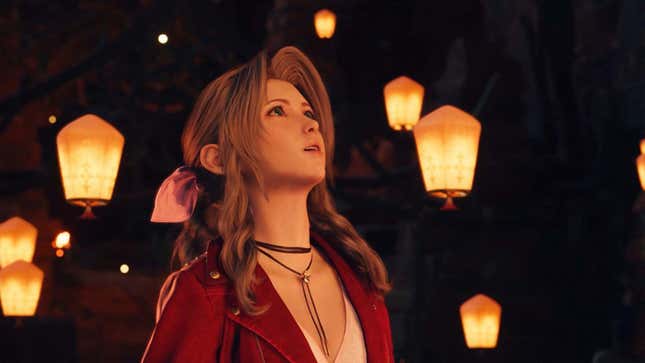 Aerith looks up while surrounding by floating lanterns. 