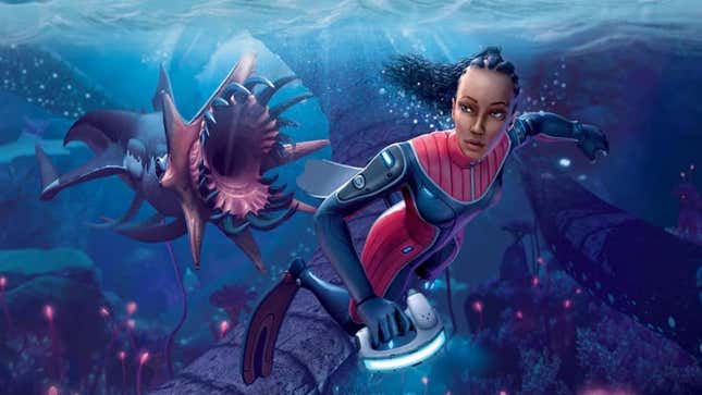 A diver explores beneath the tumultuous waves.