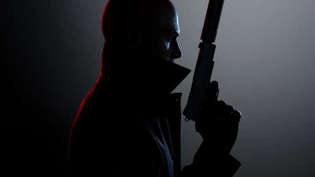 Key art for Hitman 3, showing Agent 47's shadowy profile while he wields a silenced pistol.