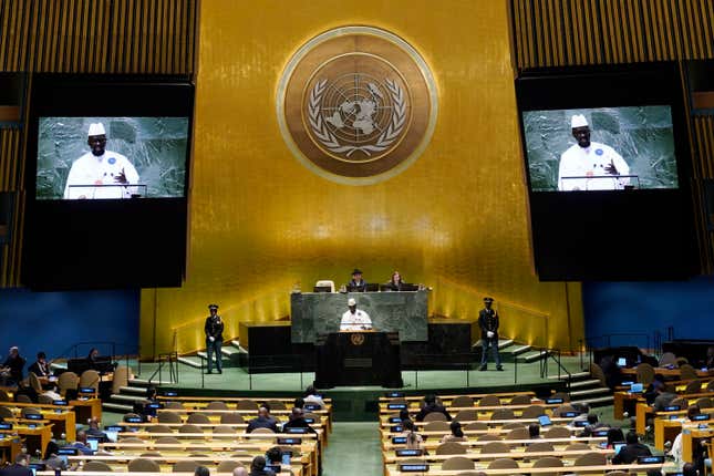 Guinea&#39;s President Mamadi Doumbouya addresses the 78th session of the United Nations General Assembly, Thursday, Sept. 21, 2023. (AP Photo/Richard Drew)