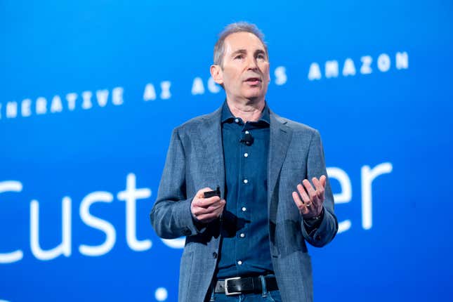 Amazon CEO Andy Jassy speaks during a keynote address at AWS re:Invent 2024 in Las Vegas, Nevada.