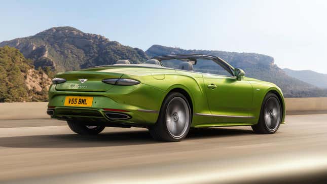 Rear 3/4 view of a green Bentley Continental GTC Speed