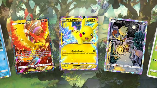 Pokemon cards appear over top of art of a forest 