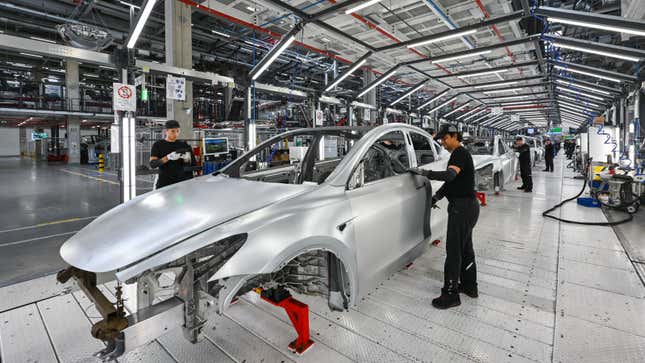 A photo of the production line at the Tesla plant in Germany. 