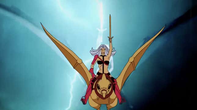 An image of a woman riding a dinosaur-like bird with lightning striking behind it.
